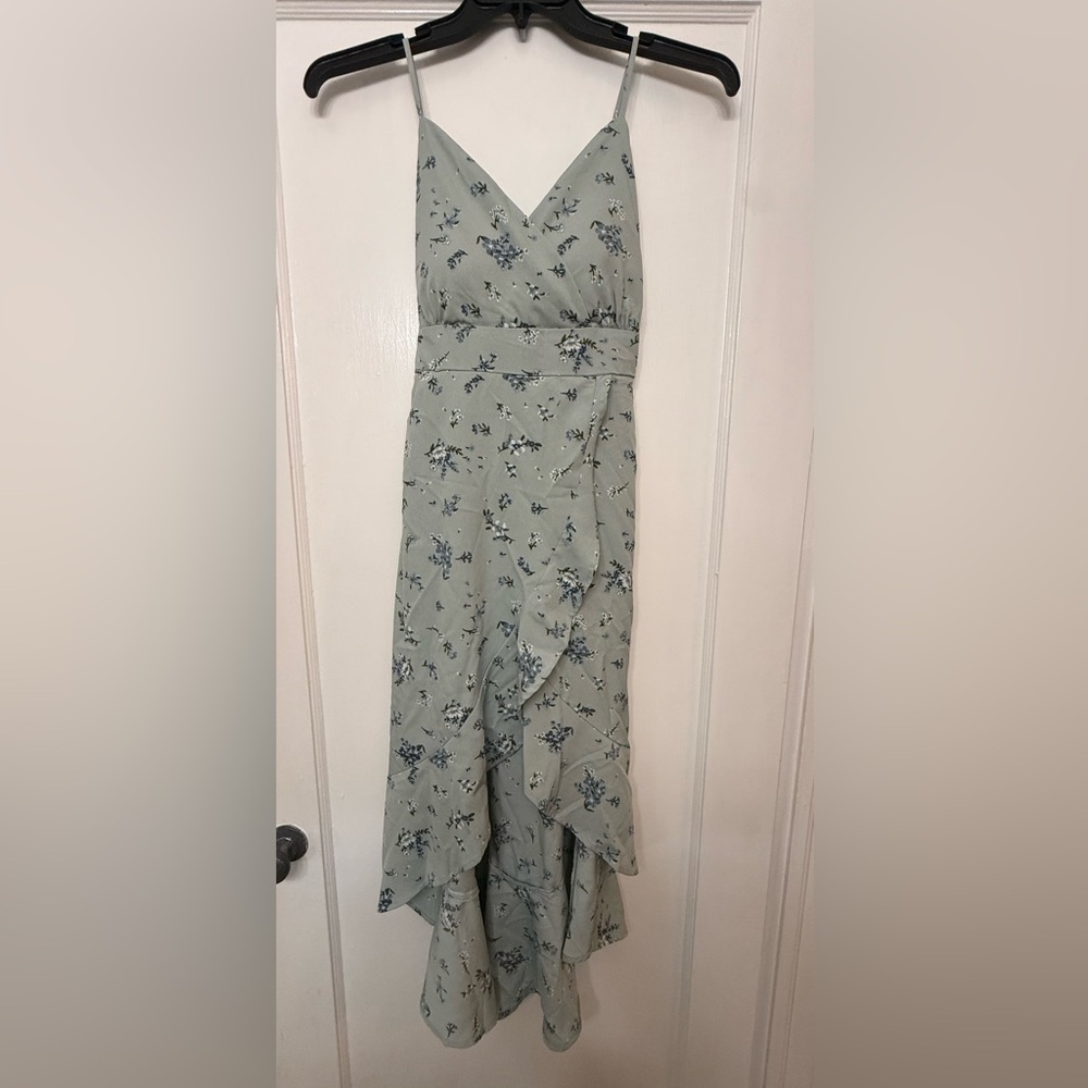 No Boundaries High Low Dress Sage with Light Blue Floral Size Small(3-5)